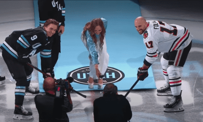 Nick Foligno #17 takes the ceremonial faceoff to welcome the Utah Hockey Club to the NHL on opening night of the 2024-25 NHL Season.